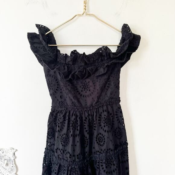 Zara Black Embroidered Eyelet Off The Shoulder Ruffle Midi Dress XS - Picture 6 of 11